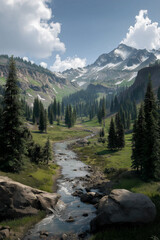 Scenic view of alpine valley with flowing stream, pine trees, rocky terrain, and snow-capped mountain peaks under a clear blue sky at daylight