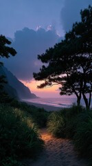 Fototapeta premium Serene Coastal Sunset Beach Path Twilight Sky Dramatic Clouds