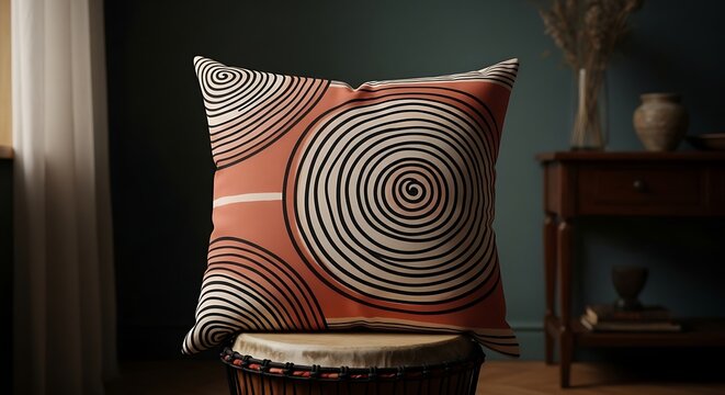 Elegant cushion featuring spiral design on drum in a moody interior setting