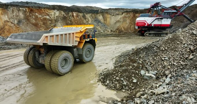 Mining truck getting loaded with ore in open pit mine. Stock clip