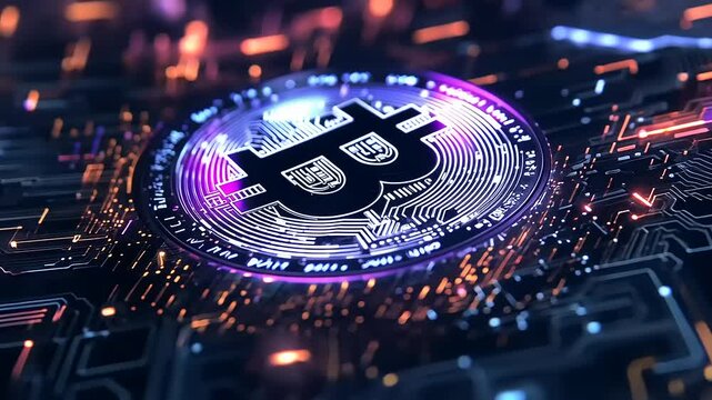 Digital representation of cryptocurrency with a Bitcoin logo surrounded by vibrant data streams