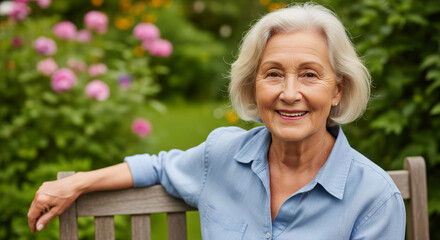 Elderly woman smiling with relaxed expression sitting on a garden bench surrounded by colorful flowers on a sunny day, serene outdoor lifestyle peaceful concept
