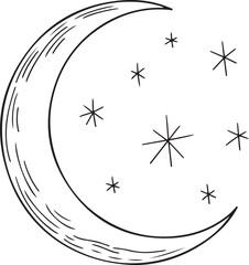 Crescent Moon and Stars Doodle Vector in Celestial Freehand Style