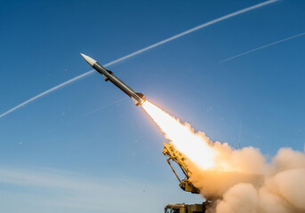 A powerful rocket launching into the sky with a blazing trail of fire and smoke, symbolizing technological advancement, space exploration, and human ambition.
