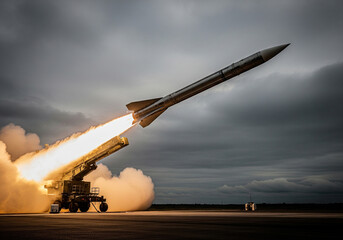 A powerful rocket launching into the sky with a blazing trail of fire and smoke, symbolizing technological advancement, space exploration, and human ambition.