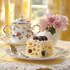 Elegant Afternoon Tea Still Life with Angel Food Cake and Floral Accents