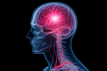 Obraz premium AI generated digital medical illustration shows side profile of translucent human head with glowing pink brain center and detailed vascular structure on dark background