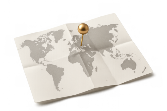 Golden push pin marking location on folded world map, highlighting global travel destination against transparent background