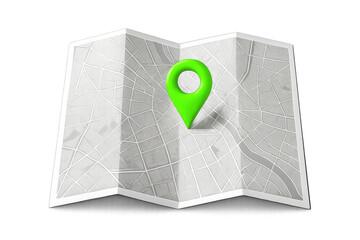 Green location pin marking precise spot on folded city map, transparent backdrop