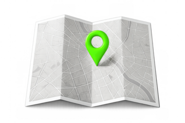 Green location pin marking precise spot on folded city map, transparent backdrop