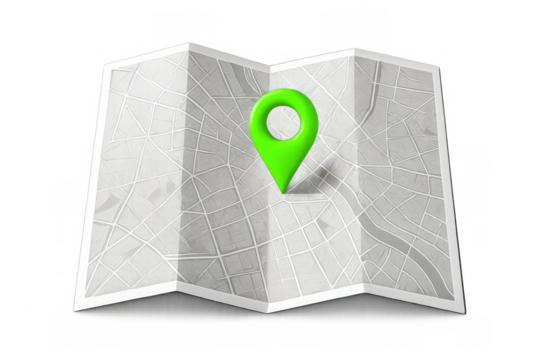 Green location pin marking precise spot on folded city map, transparent backdrop
