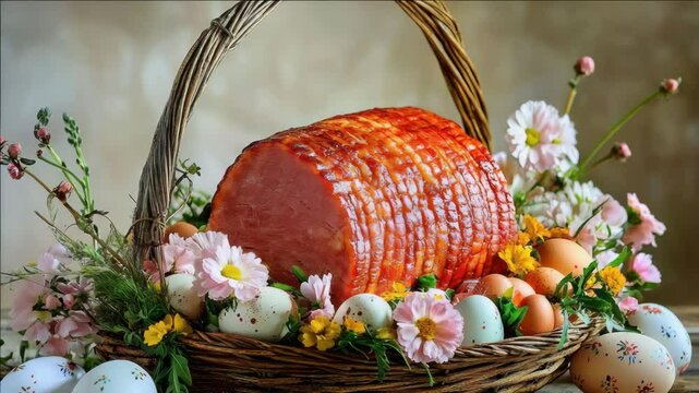 A festive display of a ham and eggs in a basket, decorated with floral elements, ready for an Easter celebration.
