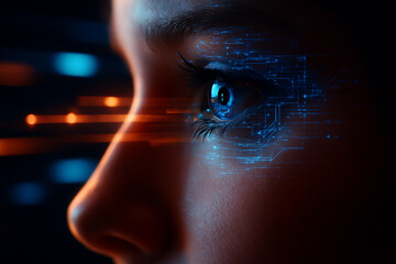 AI generated photorealistic close-up of a female eye with digital overlays and glowing data streams symbolizing futuristic analysis perception and human AI interface