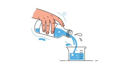 Pouring liquid from bottle into beaker vector illustration science experiment design graphic