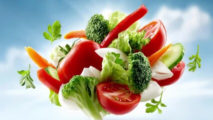Fresh mixed vegetables flying through blue sky with clouds. Colorful healthy salad ingredients including tomatoes, broccoli, lettuce, carrots, peppers and eggs for organic nutrition and diet.