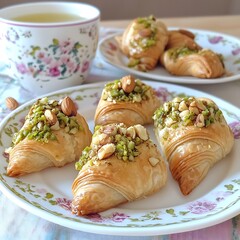 Exquisite pistachio baklava with almond garnish, a delightful Middle Eastern pastry
