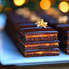 Festive Chocolate Caramel Slices with Golden Star Decoration for Holiday Celebration