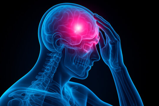 AI generated realistic Xray style image of a human side profile showing brain pain in the frontal lobe with glowing pink light symbolizing headache or migraine