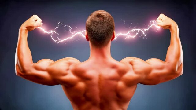 Muscular man flexing biceps with lightning bolts emanating from fists. Powerful athletic physique with electric energy effects symbolizing strength, power and supernatural fitness achievement.