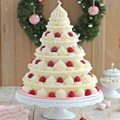 Festive christmas tree cake adorned with cream and raspberries centerpiece dessert
