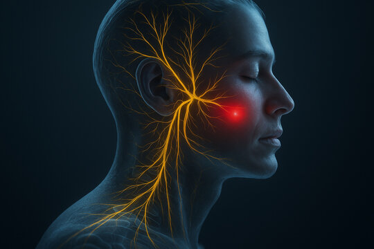 AI generated medical sci-fi style rendering of human face in profile view showing trigeminal nerve highlighted in yellow with red pain point on cheek in dark clean background