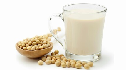 Soy milk with soybeans isolated on white background.
