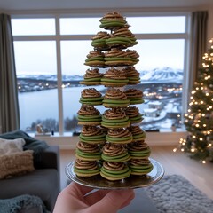 Festive Homemade Christmas Tree Dessert Display with Snowy Mountain Background