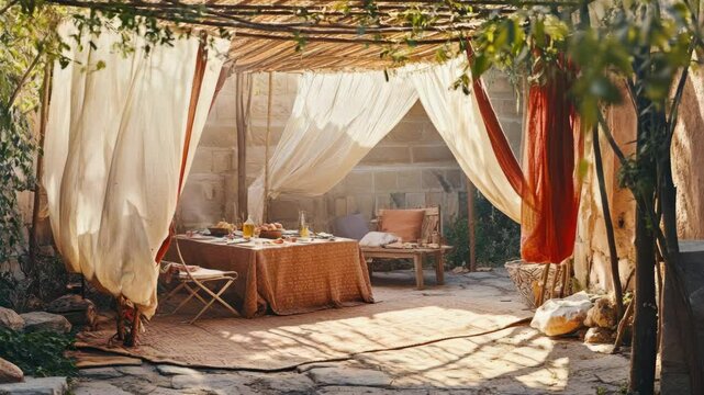 A tent with a canopy of fabric and sheer curtains, furnished with an ottoman and cushions, set up for afternoon tea or lunch. A rustic yet elegant escape from the heat.
