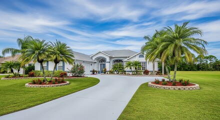 Beautiful modern home with manicured lawn, palm trees, and a curved driveway under a bright blue sky. A tropical paradise.
