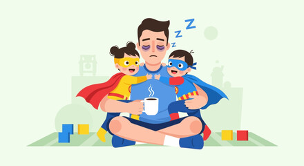 Fototapeta premium Father's day tired dad superhero with kids vector illustration for parenting and family lifestyle blog post material vector