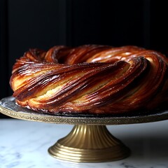 Golden braided brioche cake on a pedestal stand elevates the baked experience