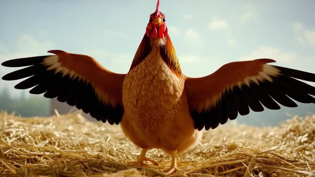 An adult rooster stands confidently in a barnyard on top of a pile of hay.