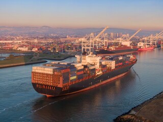 Aerial view of a container ship sailing into the Port of Oakland, California, USA. The ship is...
