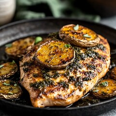 Gourmet grilled chicken breast and golden potato slices plated artistically