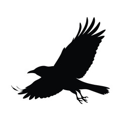 A  illustration of a black silhouette of a crow or raven in flight.