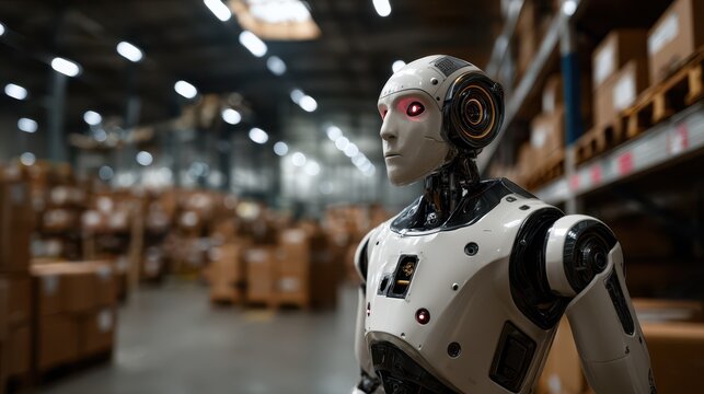Advanced humanoid robot in a smart warehouse filled with stacked boxes and shelves, symbolizing artificial intelligence in logistics and futuristic supply chain automation.