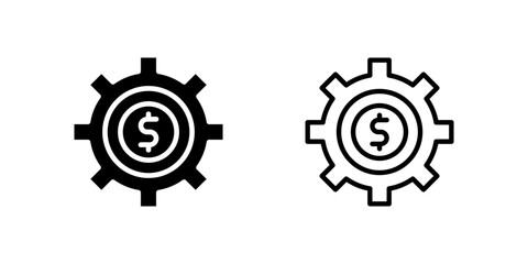 Professional money management icons featuring dollar symbol inside gear mechanism for financial automation and wealth management apps