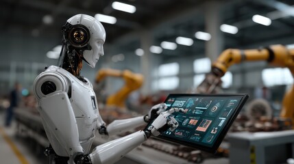 Fototapeta premium Humanoid robot operating digital touchscreen interface in smart factory environment with robotic arms in background. Artificial intelligence and industrial automation concept.