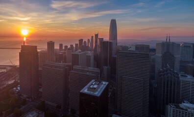 Sunrise over San Francisco, California, USA. The sun rises over the Bay Bridge, illuminating the...