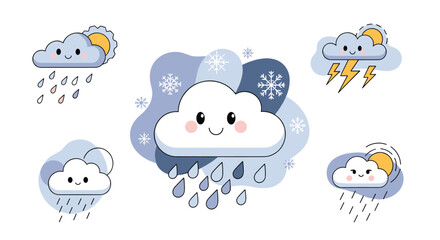 Fototapeta premium Weather icons set with cute clouds sun snow rain lightning isolated vector art