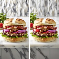 Juicy grilled burger with bacon, onion, tomatoes on marble counter background