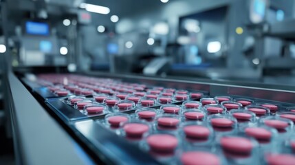 Close-up of pink pharmaceutical tablets in blister packs moving on automated conveyor belt in high-tech drug manufacturing plant. Medicine production and pharmaceutical industry concept.
