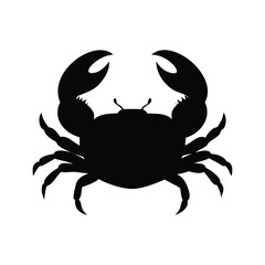 A black silhouette of a crab with two large claws facing right