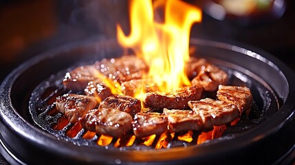 Korean barbecue featuring succulent marinated beef short ribs on a flaming grill