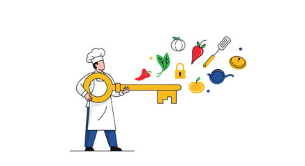 Unlock culinary secrets an engaging vector illustration of a chef holding a key