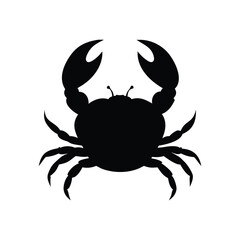A black silhouette of a crab with two large claws facing right