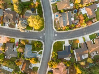 Aerial view of a residential neighborhood in Santa Clara, California, USA, showcasing houses,...