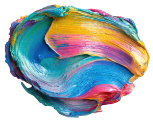 Colorful paint stroke with vibrant blue, yellow, pink, and teal hues creating dynamic and textured abstract art piece full of energy and movement