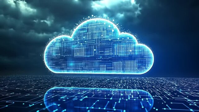 Digital cloud computing concept with glowing data patterns over a reflective surface under a stormy sky