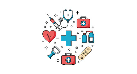Circular vector arrangement of various medical supplies and instruments for healthcare